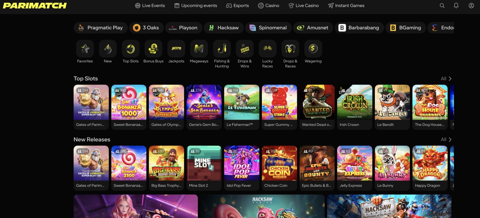Parimatch casino lobby — Top Slots from Pragmatic Play, 3 Oaks, Playson, Hacksaw, Spinomenal, Amusnet, Barbarbang, BGaming and Endorphina